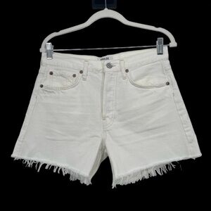 Agolde 27 Parker Long Short High Rise Button Fly White Panna Cotta Frayed Hem 30